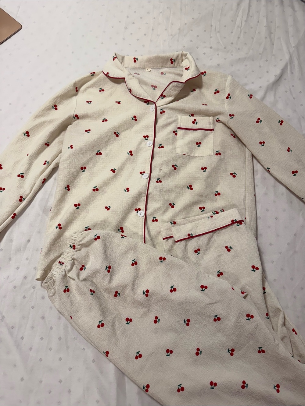 Cream Cherry-Print Long Sleeve Pajama Set with Red Lining